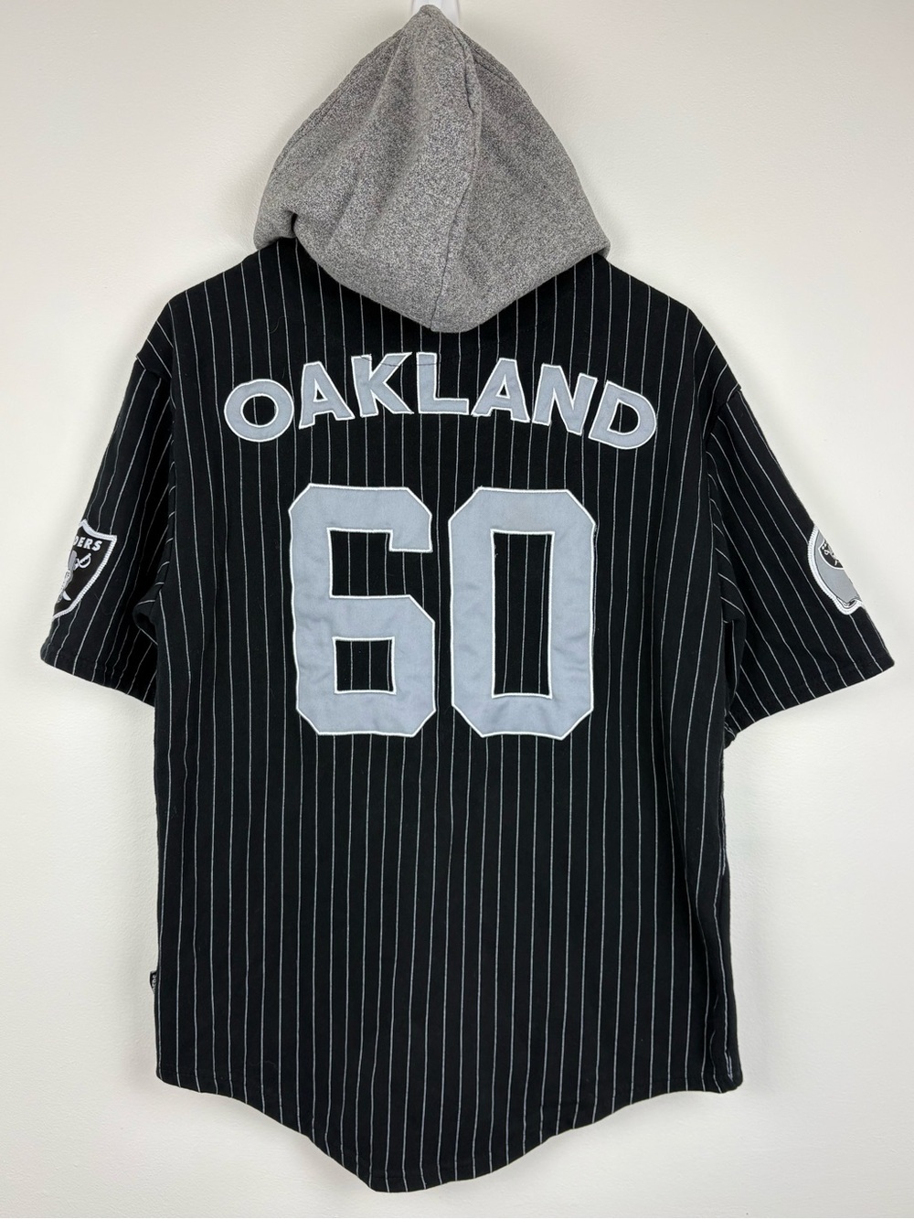NFL Black Pinstripe Oakland Raiders Hooded Button-Up Jersey XS Good Condition - Picture 8 of 13